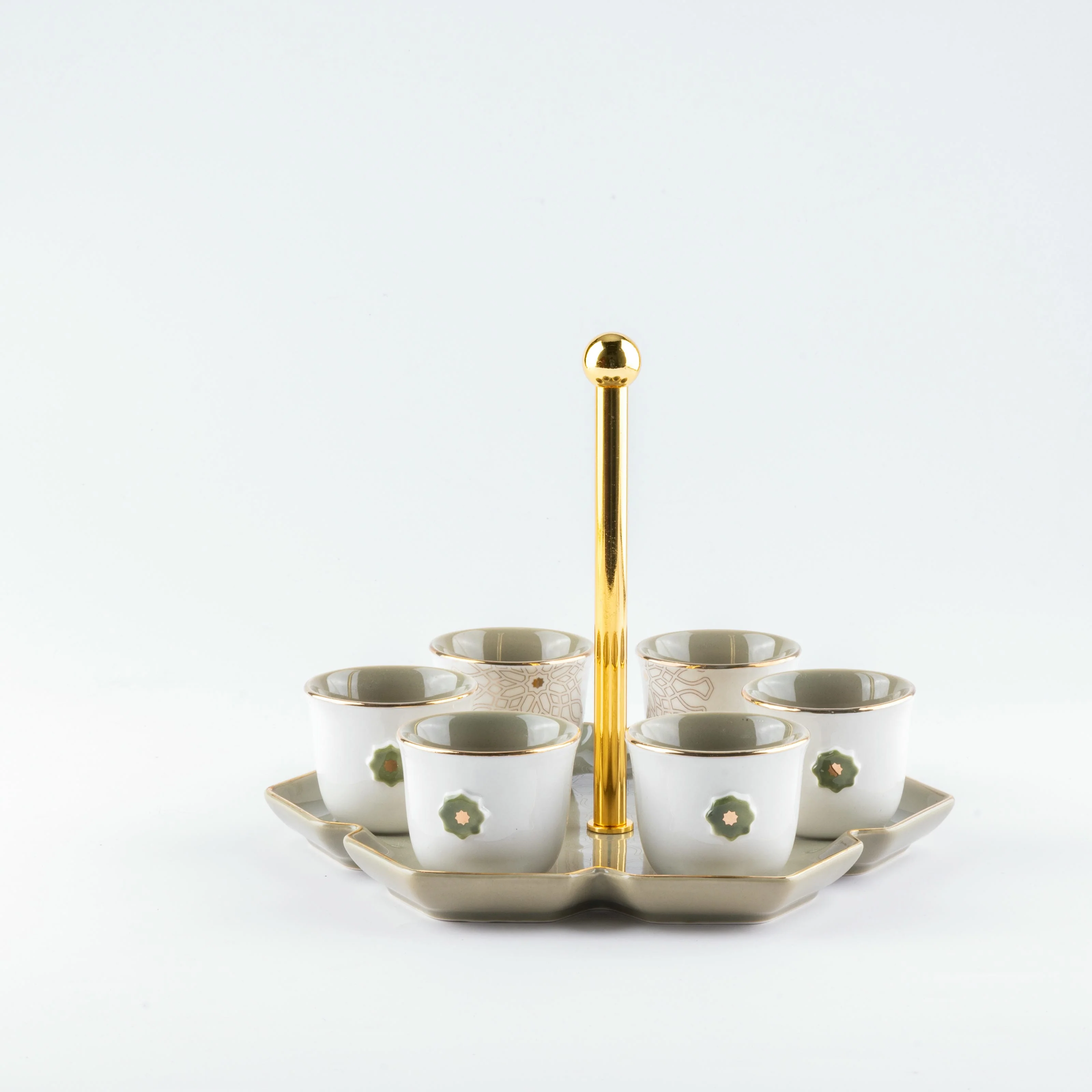 Asala - Arabic Coffee Cups With Holder - Olive Green & Gold - Image 4