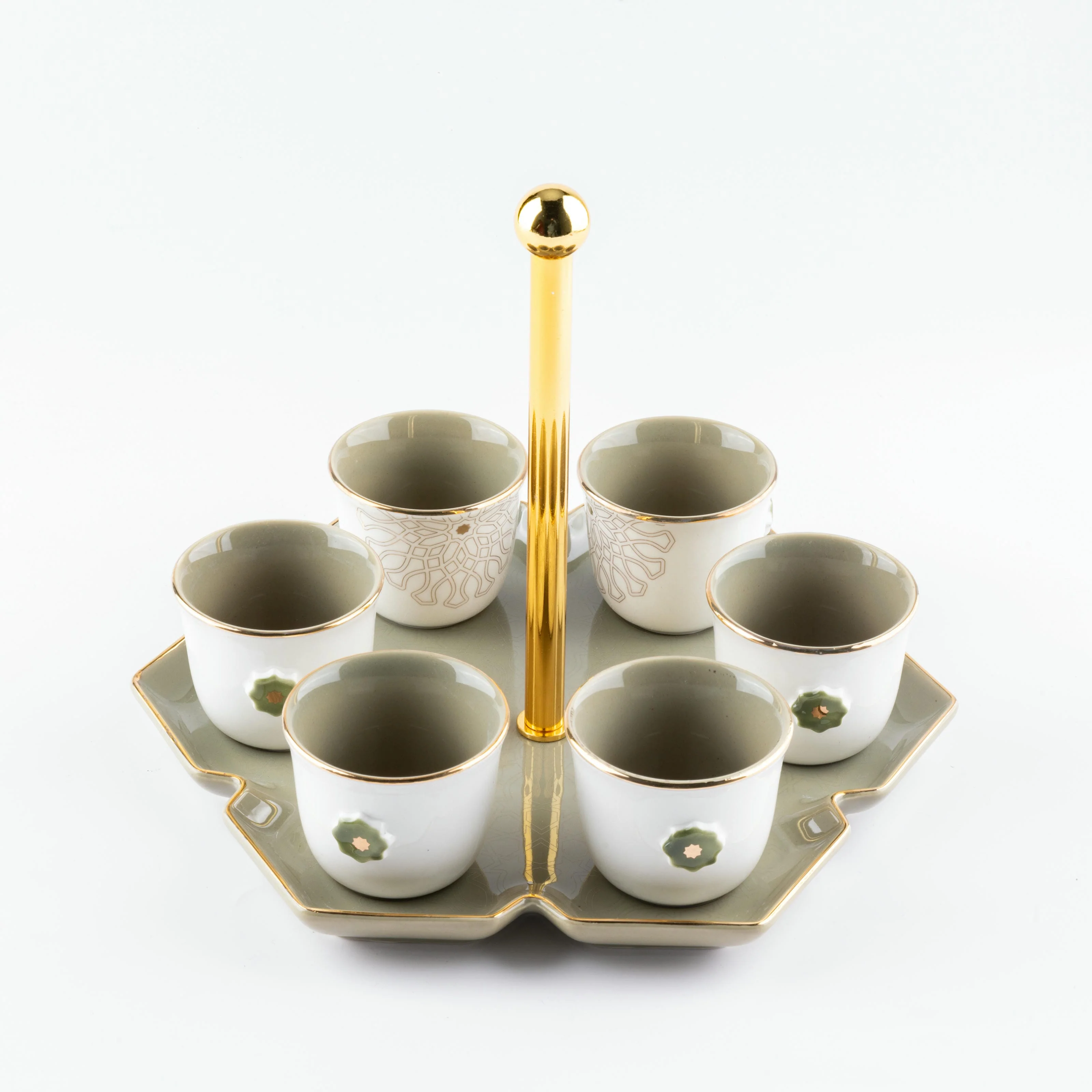 Asala - Arabic Coffee Cups With Holder - Olive Green & Gold - Image 5