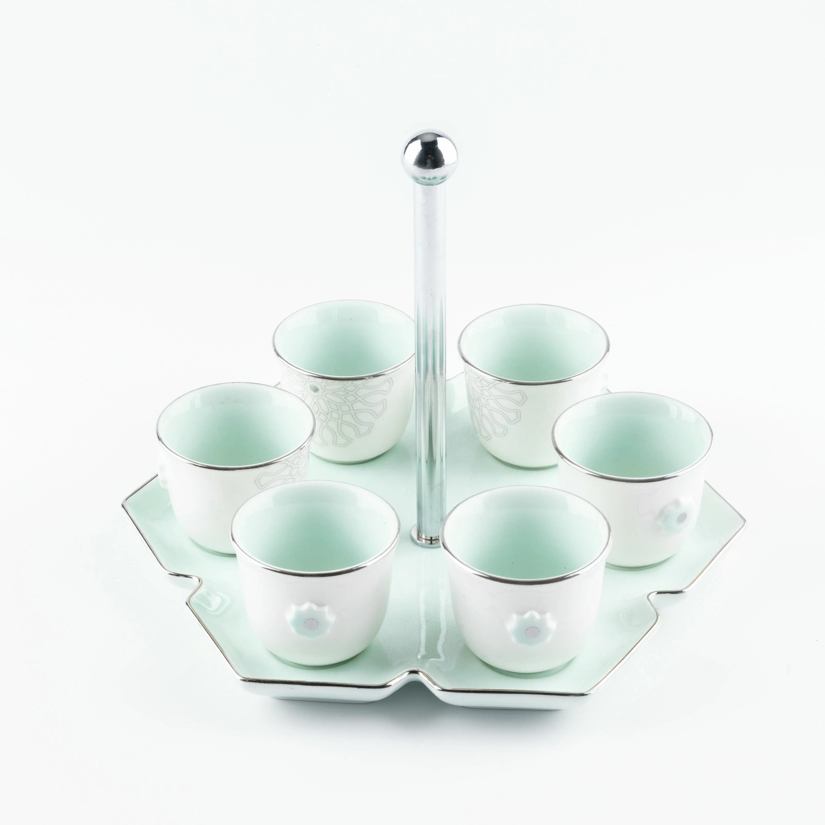 Asala - Arabic Coffee Cups With Holder - Teal & Silver - Image 5