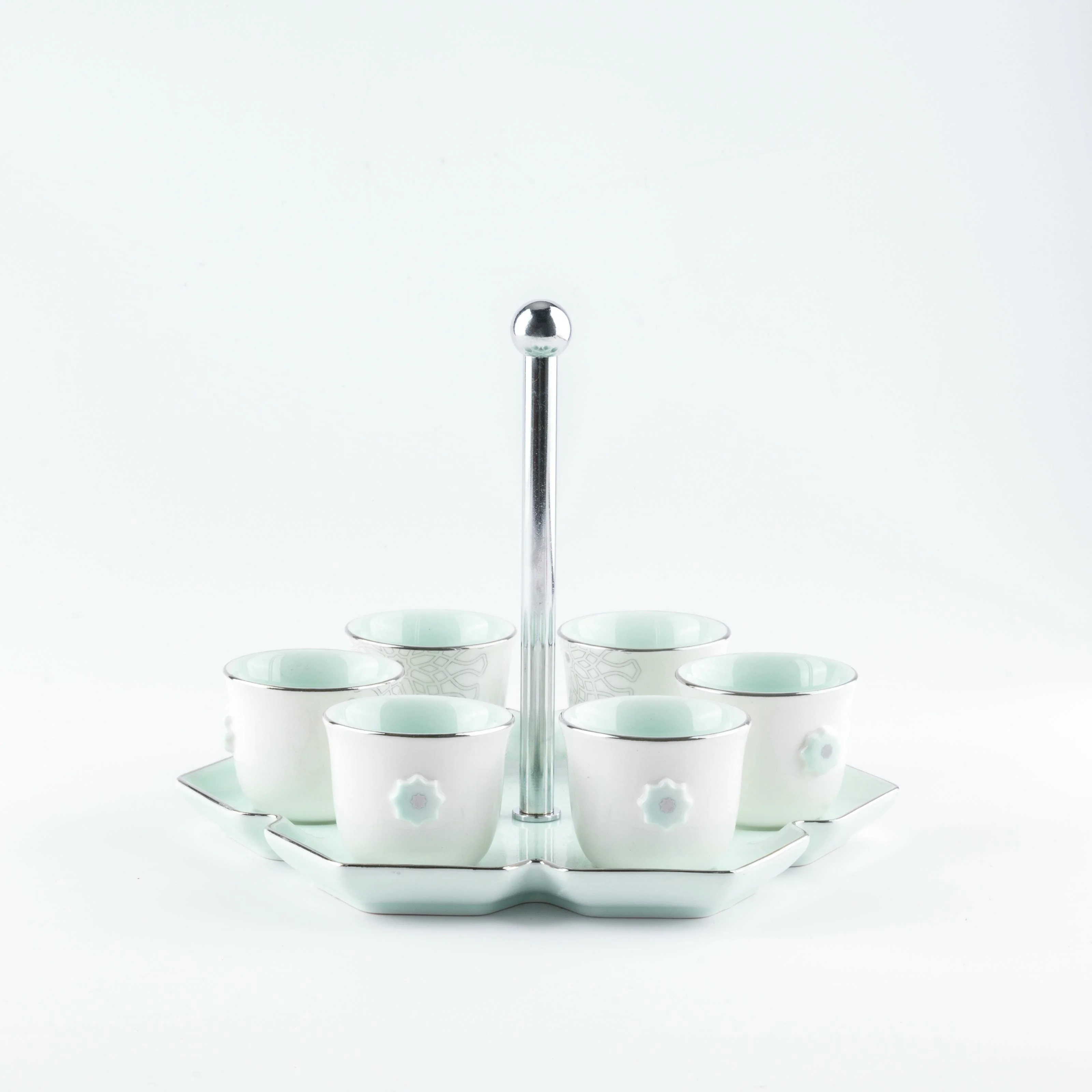 Asala - Arabic Coffee Cups With Holder - Teal & Silver - Image 6