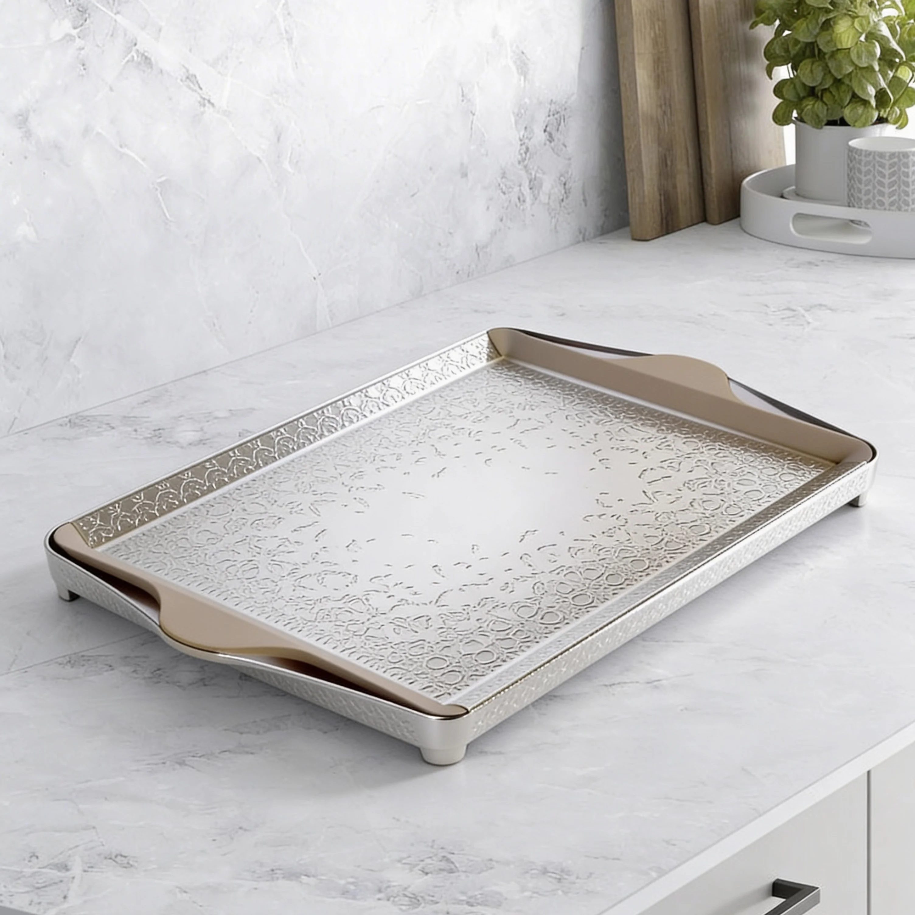 Nourhan- Serving Tray - Matt silver & beige - Image 5